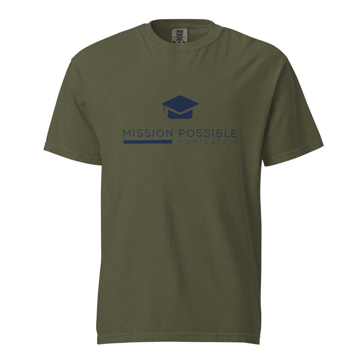 Mission Possible Montessori Logo Garment-Dyed Heavyweight Tee in Sage, front view