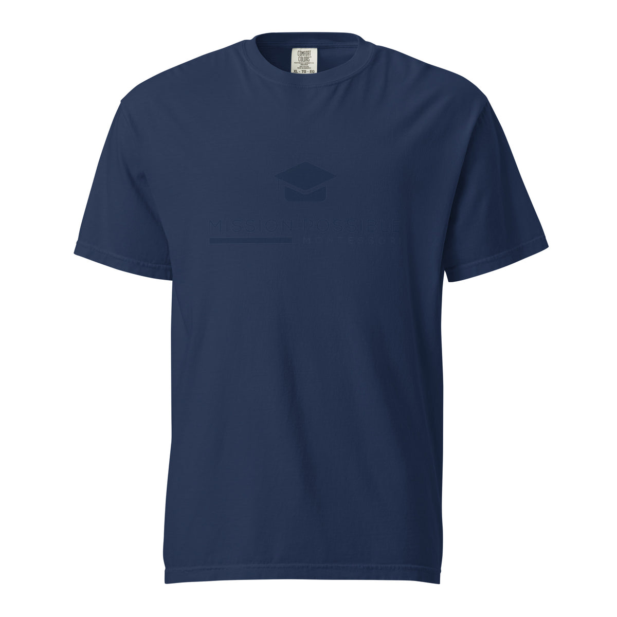 Mission Possible Montessori Logo Garment-Dyed Heavyweight Tee in True Navy, front view