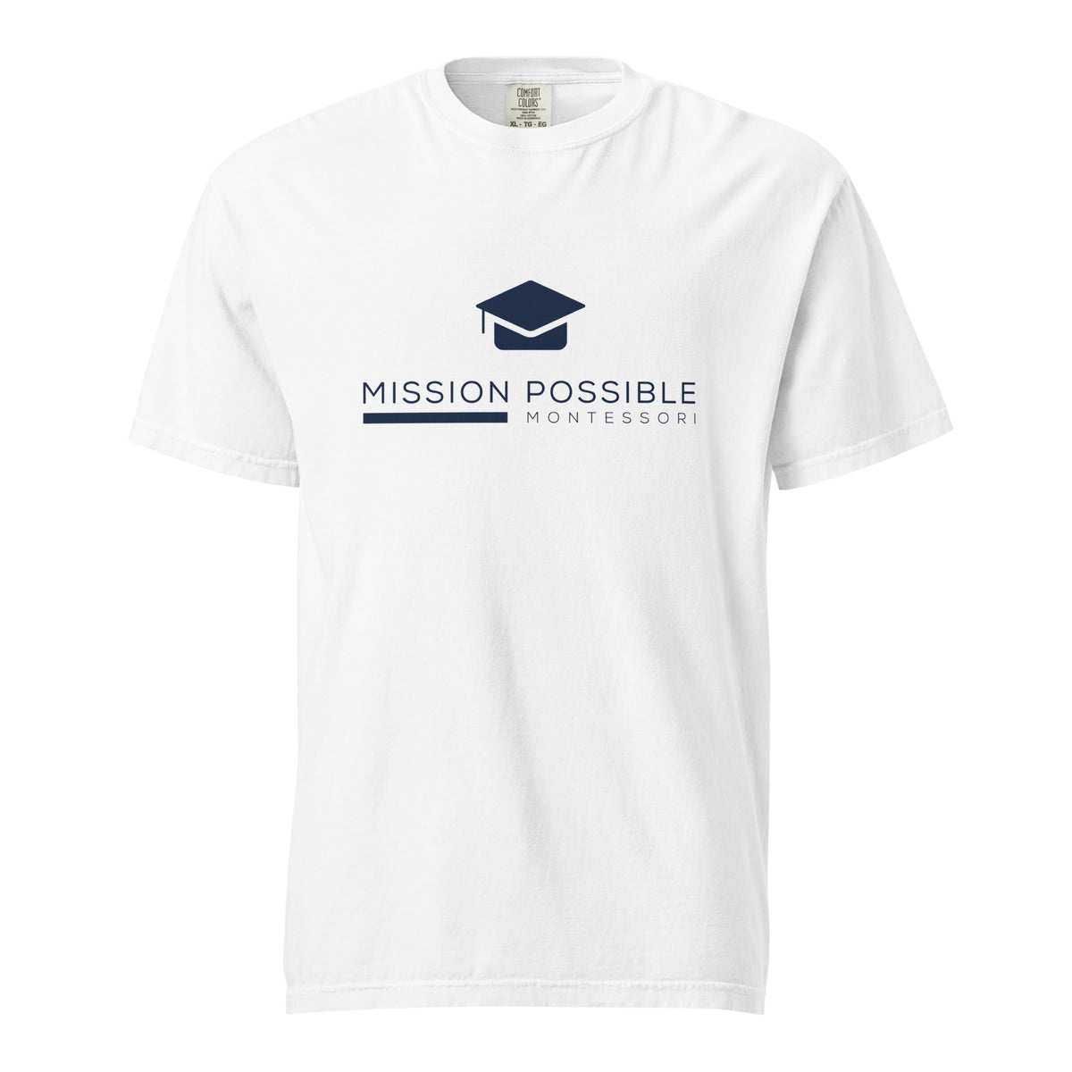 Mission Possible Montessori Logo Garment-Dyed Heavyweight Tee in White, front view