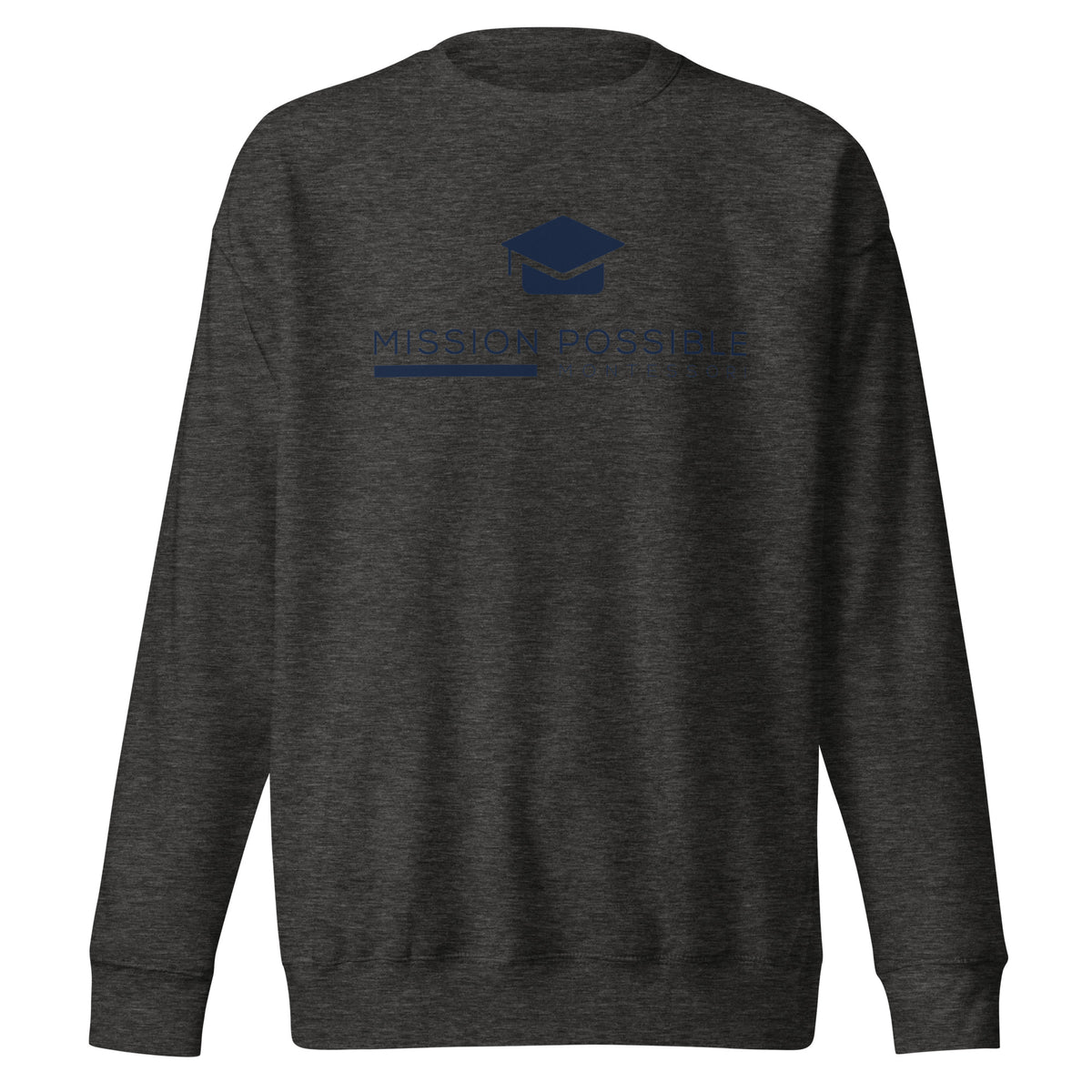 Mission Possible Montessori Logo Premium Crewneck Sweatshirt in Charcoal Heather, front view
