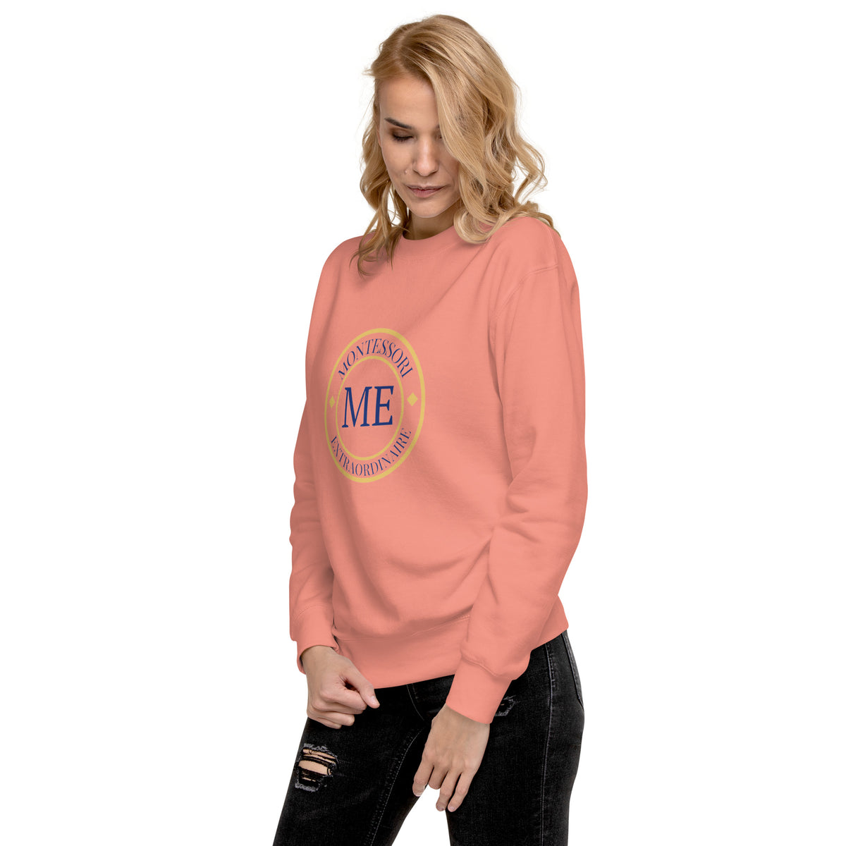 ME Signature Logo Premium Crewneck Sweatshirt in Dusty Rose, left front view