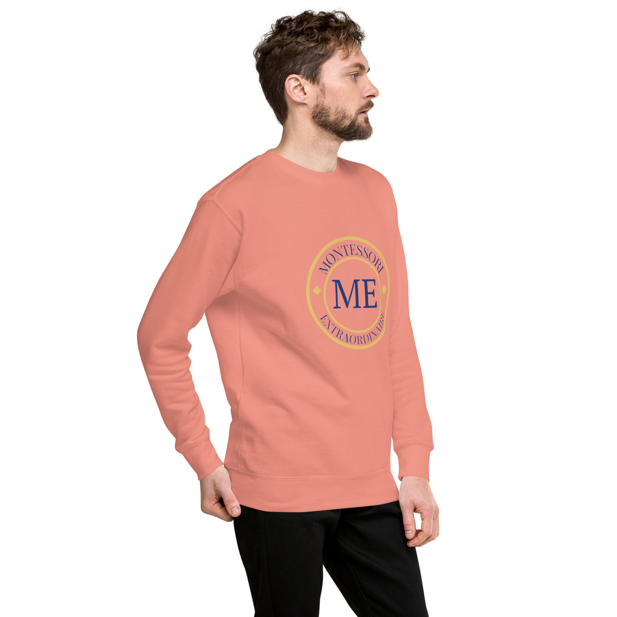 ME Signature Logo Premium Crewneck Sweatshirt in Dusty Rose, right front view