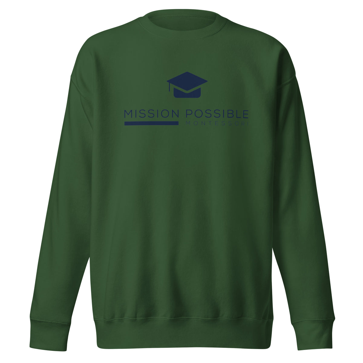 Mission Possible Montessori Logo Premium Crewneck Sweatshirt in Forest Green, front view