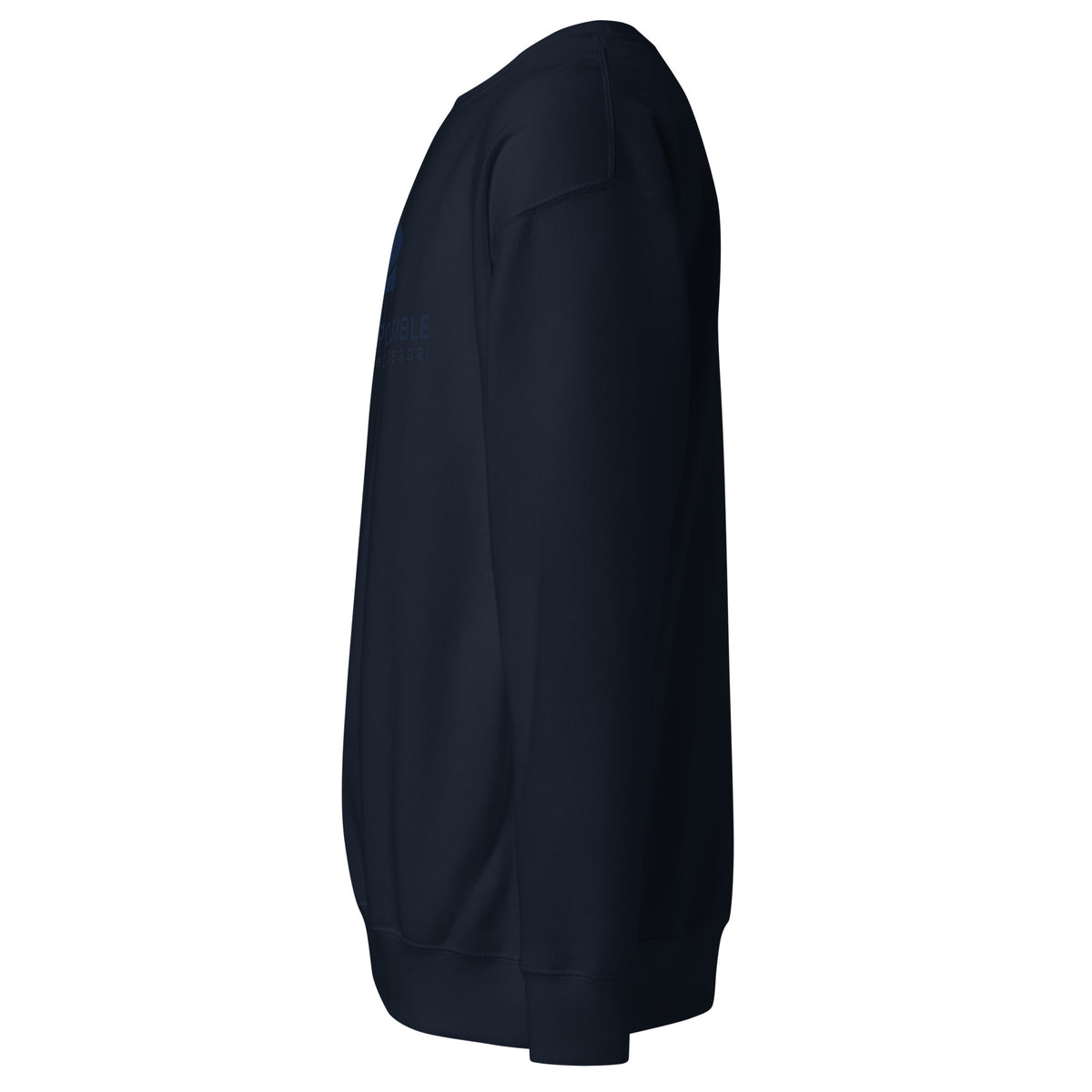 Mission Possible Montessori Logo Premium Crewneck Sweatshirt in Navy Blazer, left view