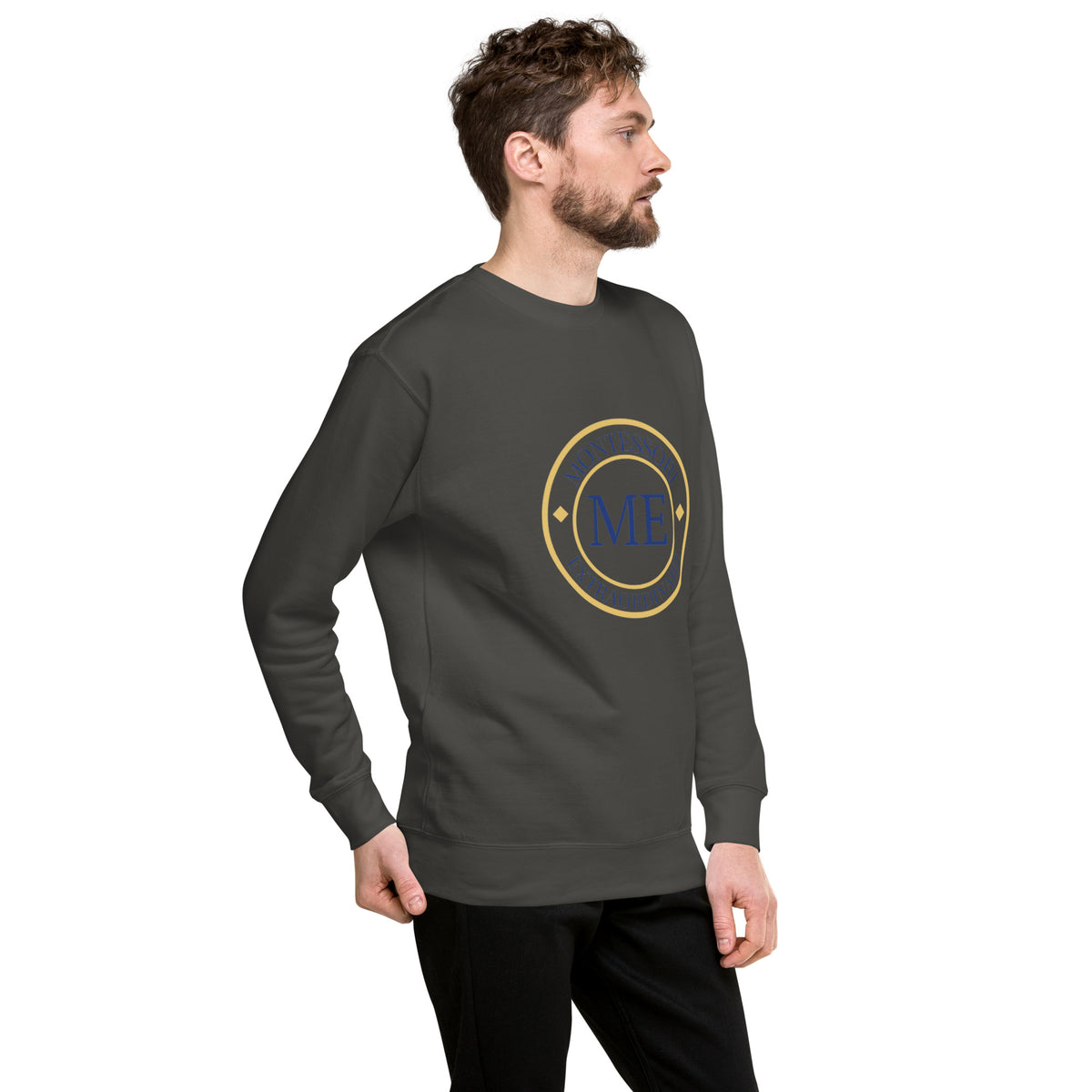ME Signature Logo Premium Crewneck Sweatshirt in Vintage Black, right front view
