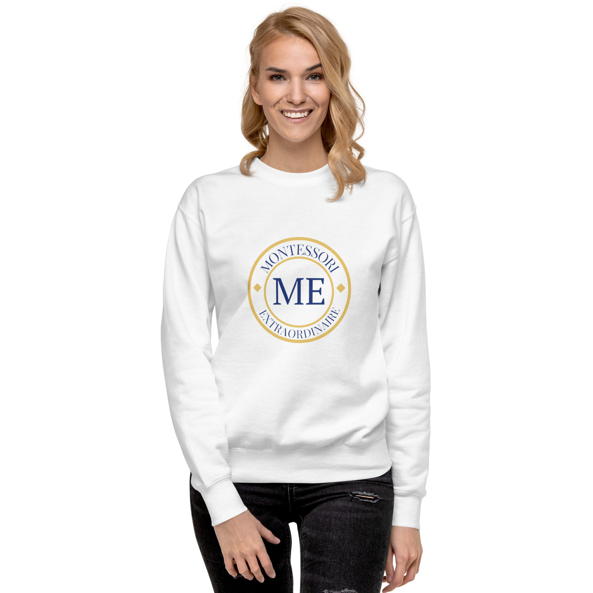 ME Signature Logo Premium Crewneck Sweatshirt in White, front view