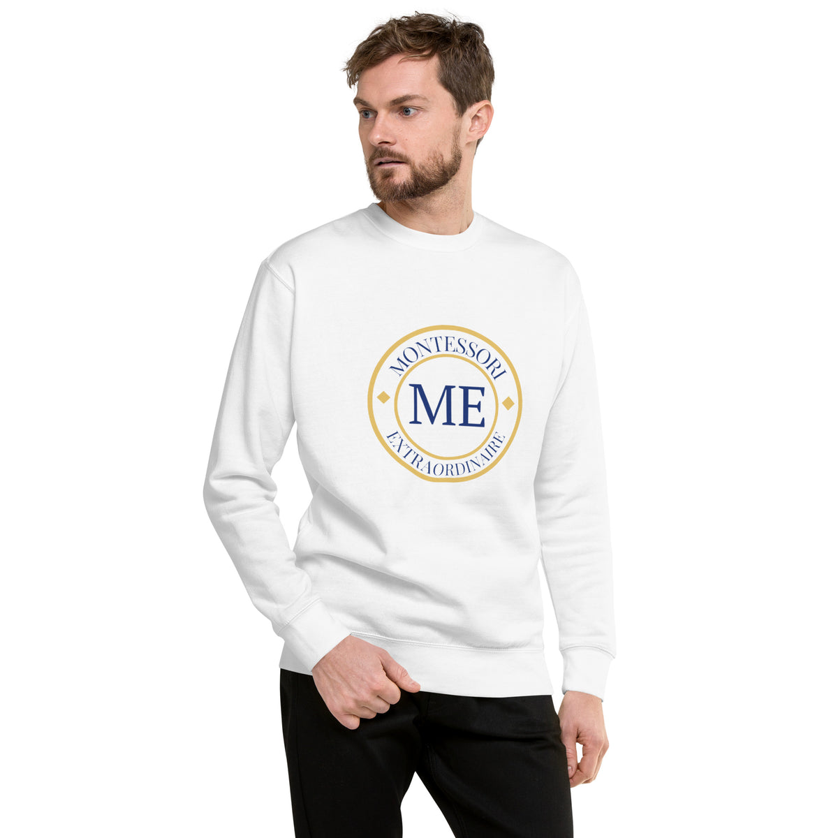 ME Signature Logo Premium Crewneck Sweatshirt in White, front view