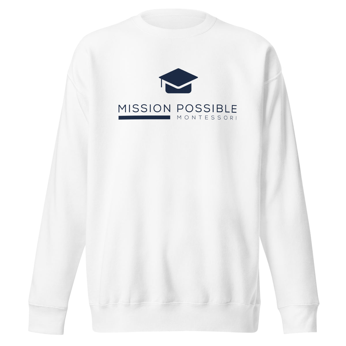 Mission Possible Montessori Logo Premium Crewneck Sweatshirt in White, front view