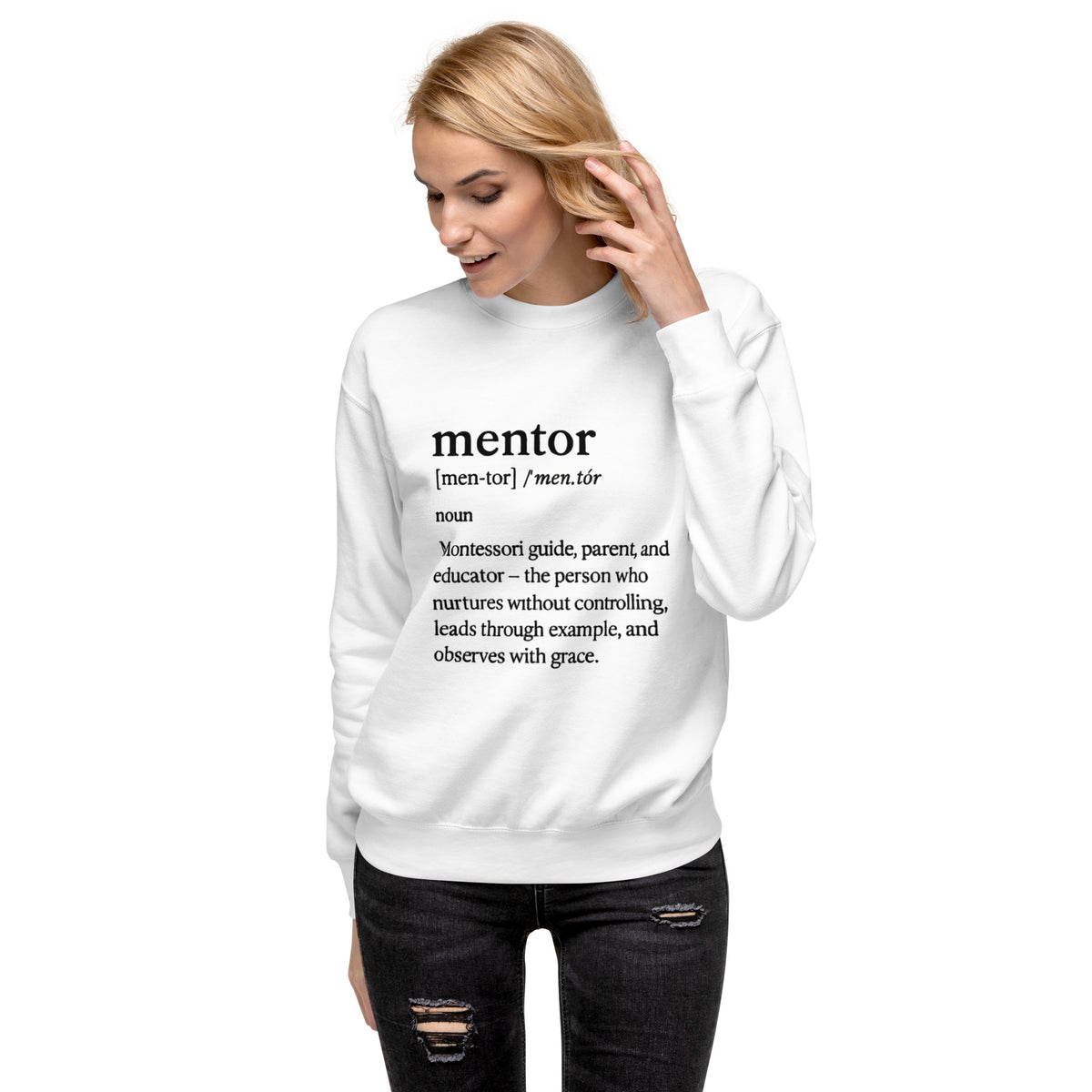 Mentor Definition Premium Crewneck Sweatshirt in White, front view