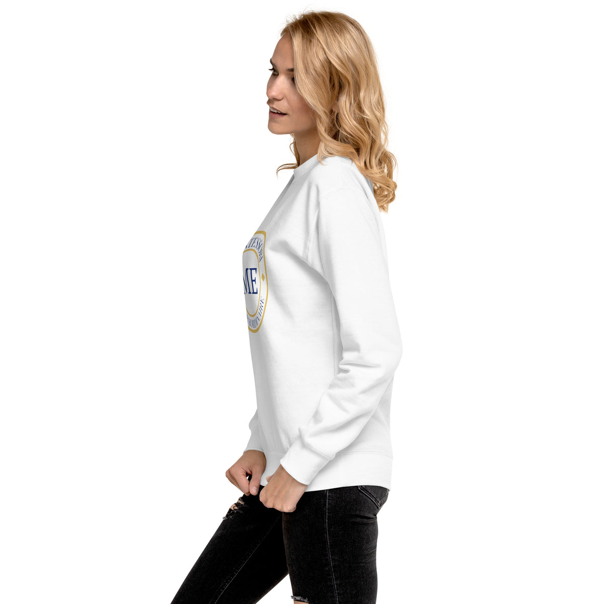 ME Signature Logo Premium Crewneck Sweatshirt in White, left view