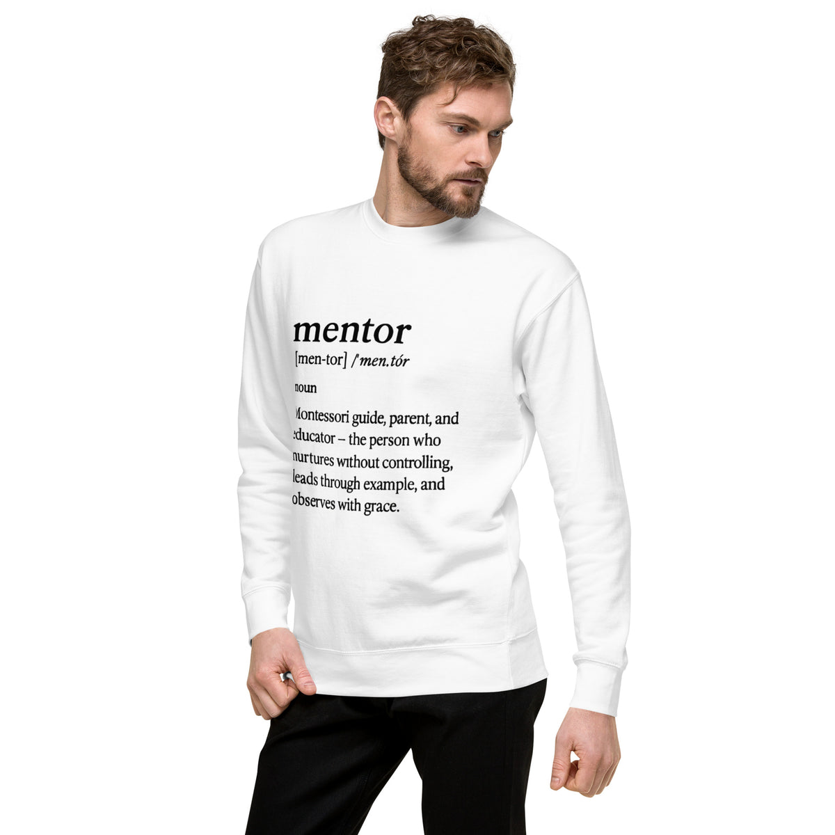 Mentor Definition Premium Crewneck Sweatshirt in White, left front view