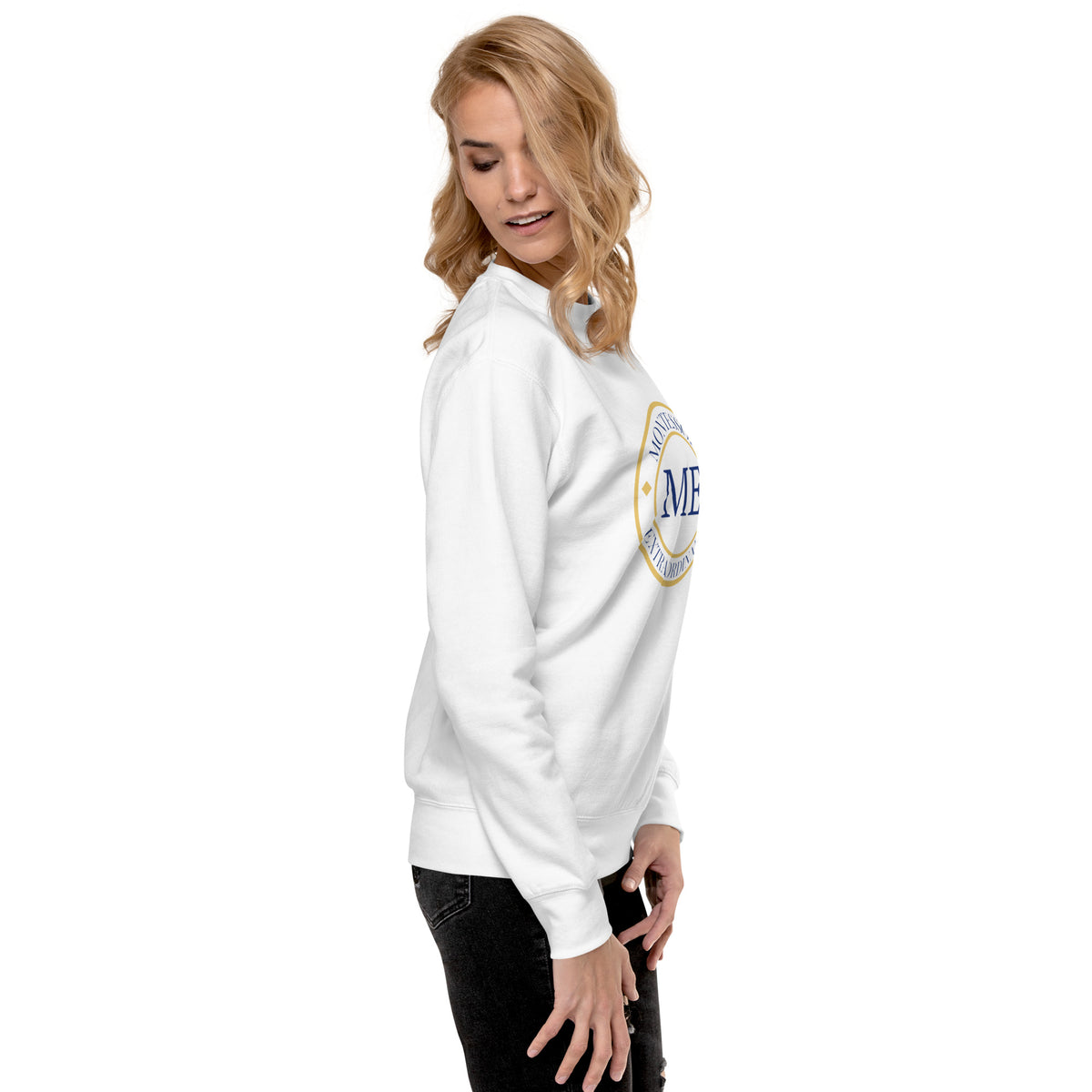 ME Signature Logo Premium Crewneck Sweatshirt in White, right view