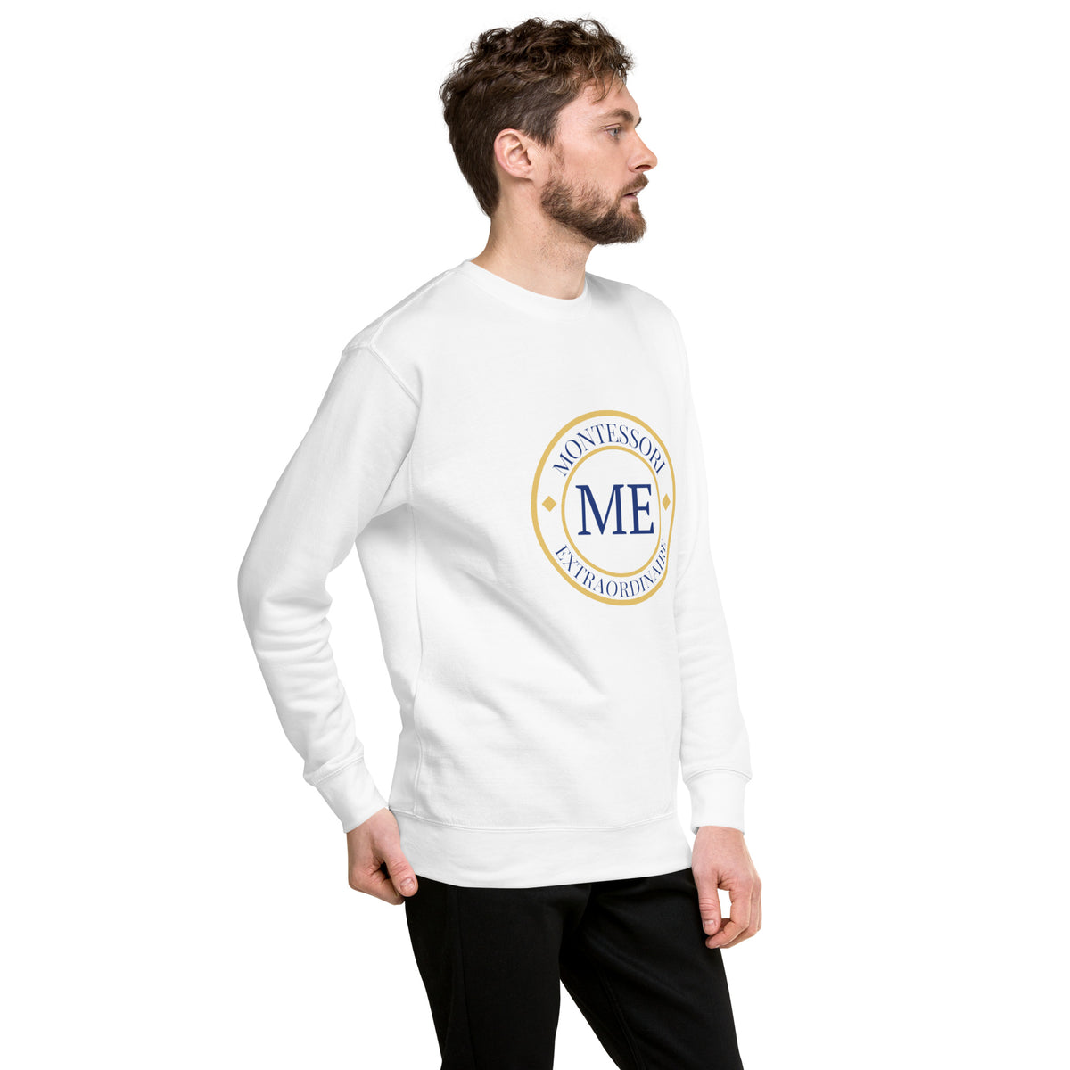 ME Signature Logo Premium Crewneck Sweatshirt in White, right front view