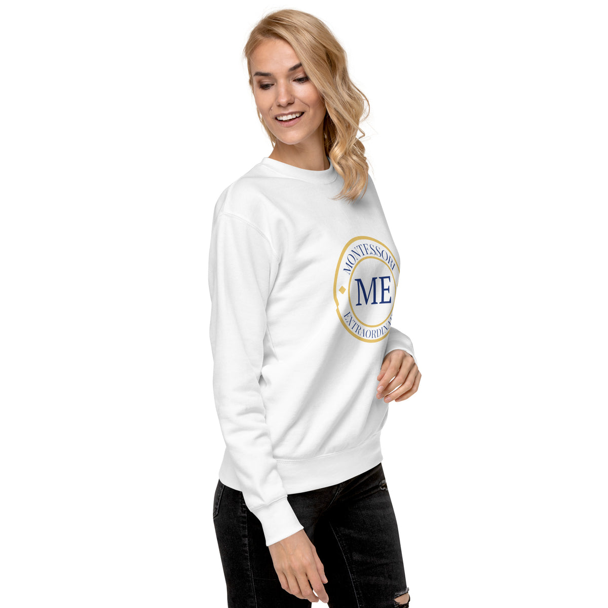 ME Signature Logo Premium Crewneck Sweatshirt in White, right front view