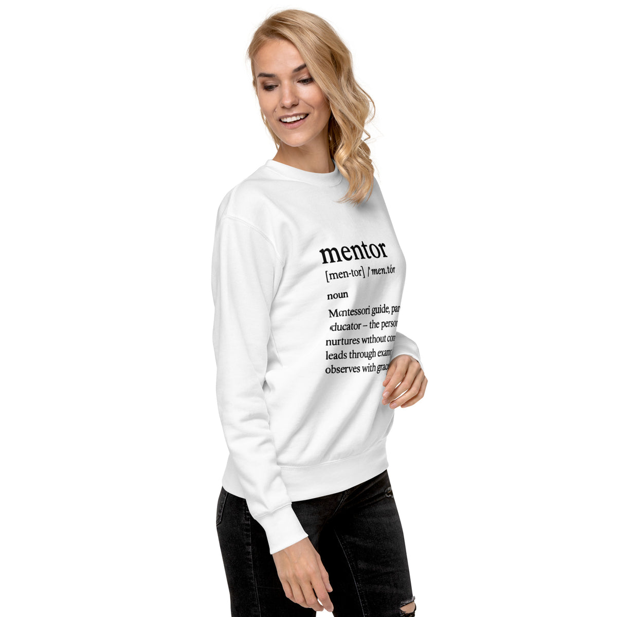 Mentor Definition Premium Crewneck Sweatshirt in White, right front view
