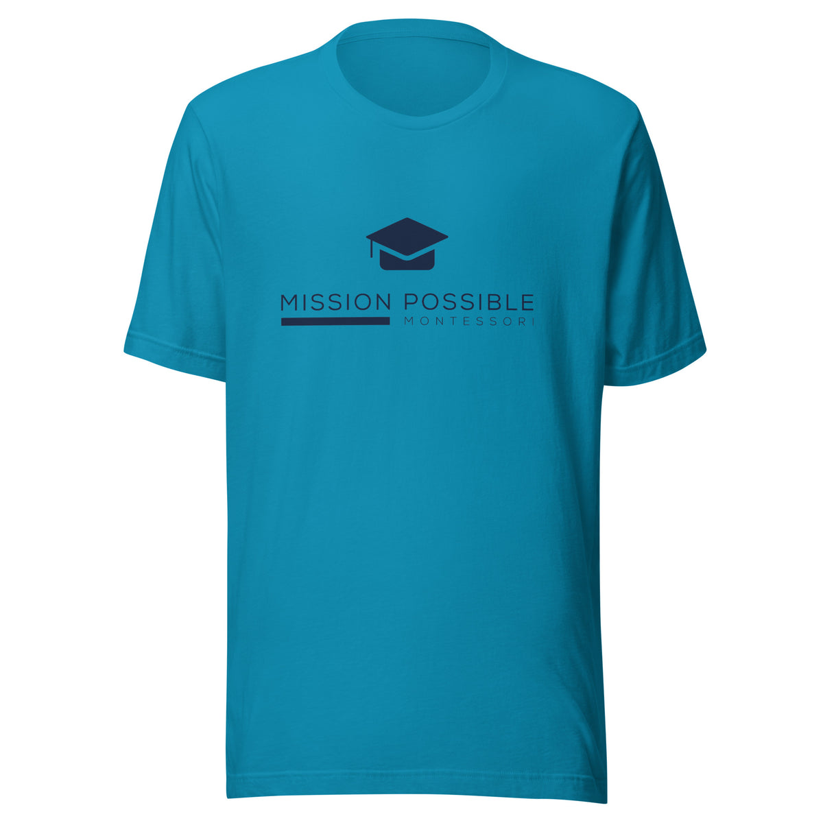 Mission Possible Montessori Logo Tee in Aqua, front view