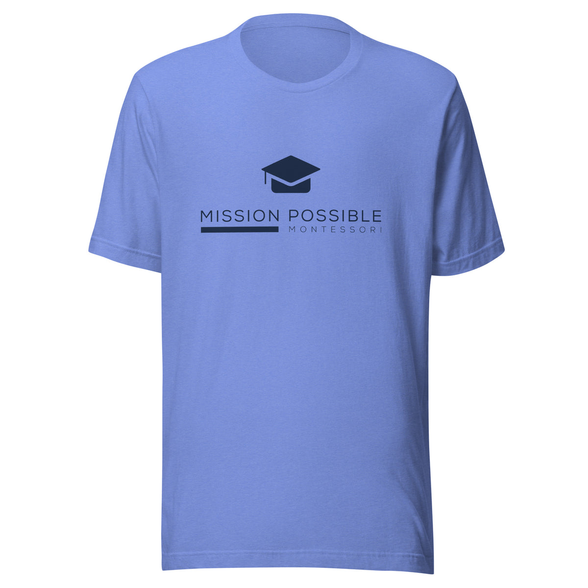 Mission Possible Montessori Logo Tee in Heather Columbia Blue, front view