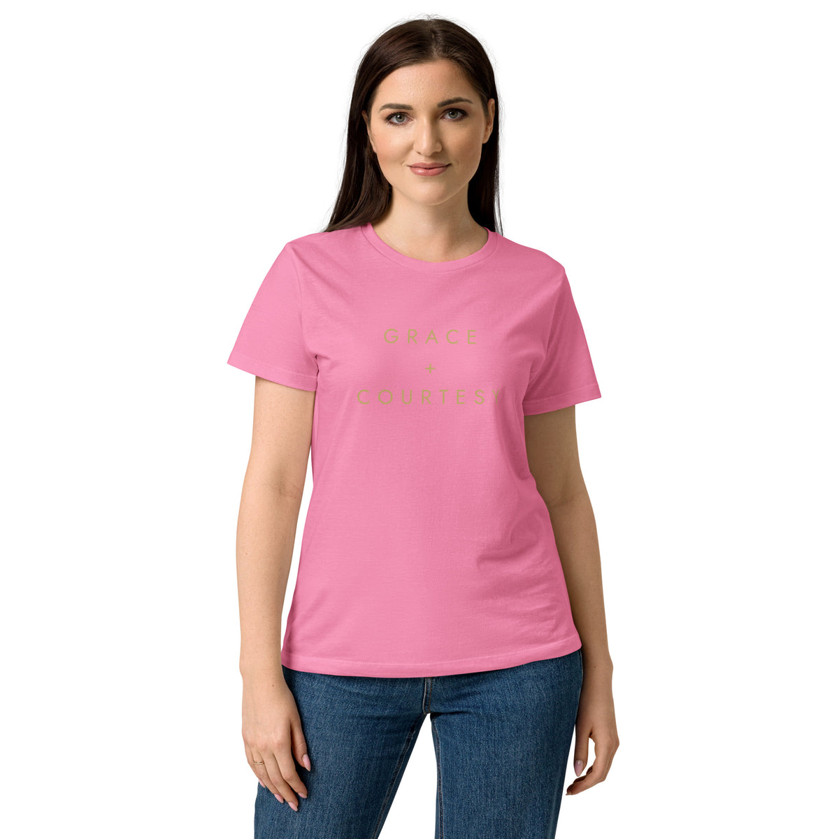 Grace + Courtesy Minimalist Women's Softstyle Tee in Azalea, front view