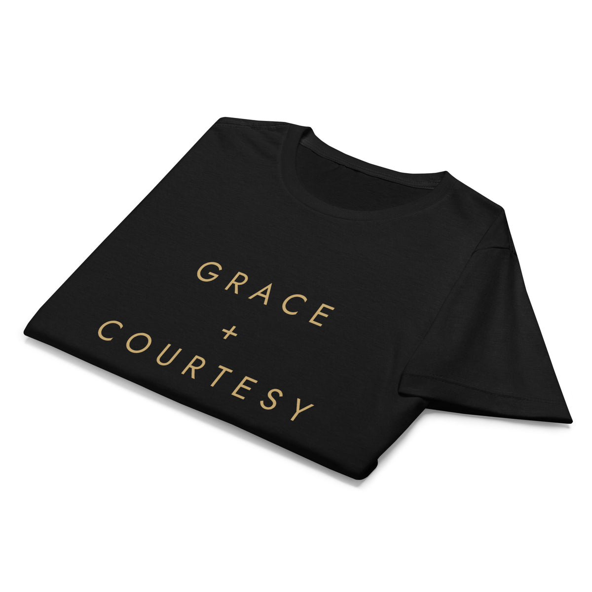 Grace + Courtesy Minimalist Women's Softstyle Tee in Black, front view