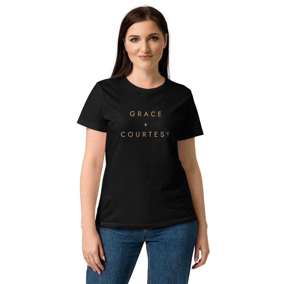 Grace + Courtesy Minimalist Women's Softstyle Tee in Black, front view