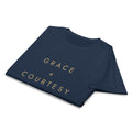 Grace + Courtesy Minimalist Women's Softstyle Tee in Navy, front view