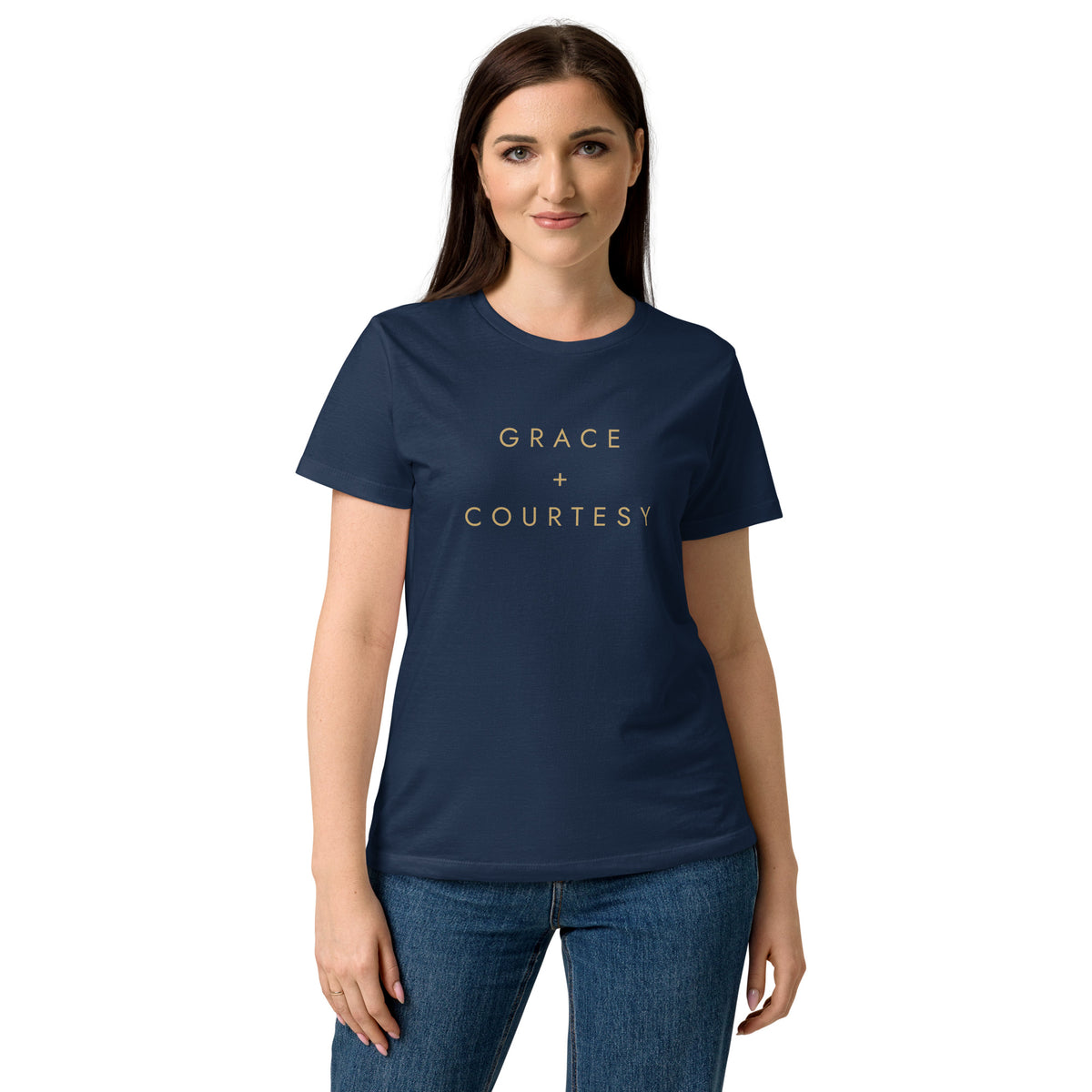 Grace + Courtesy Minimalist Women's Softstyle Tee in Navy, front view