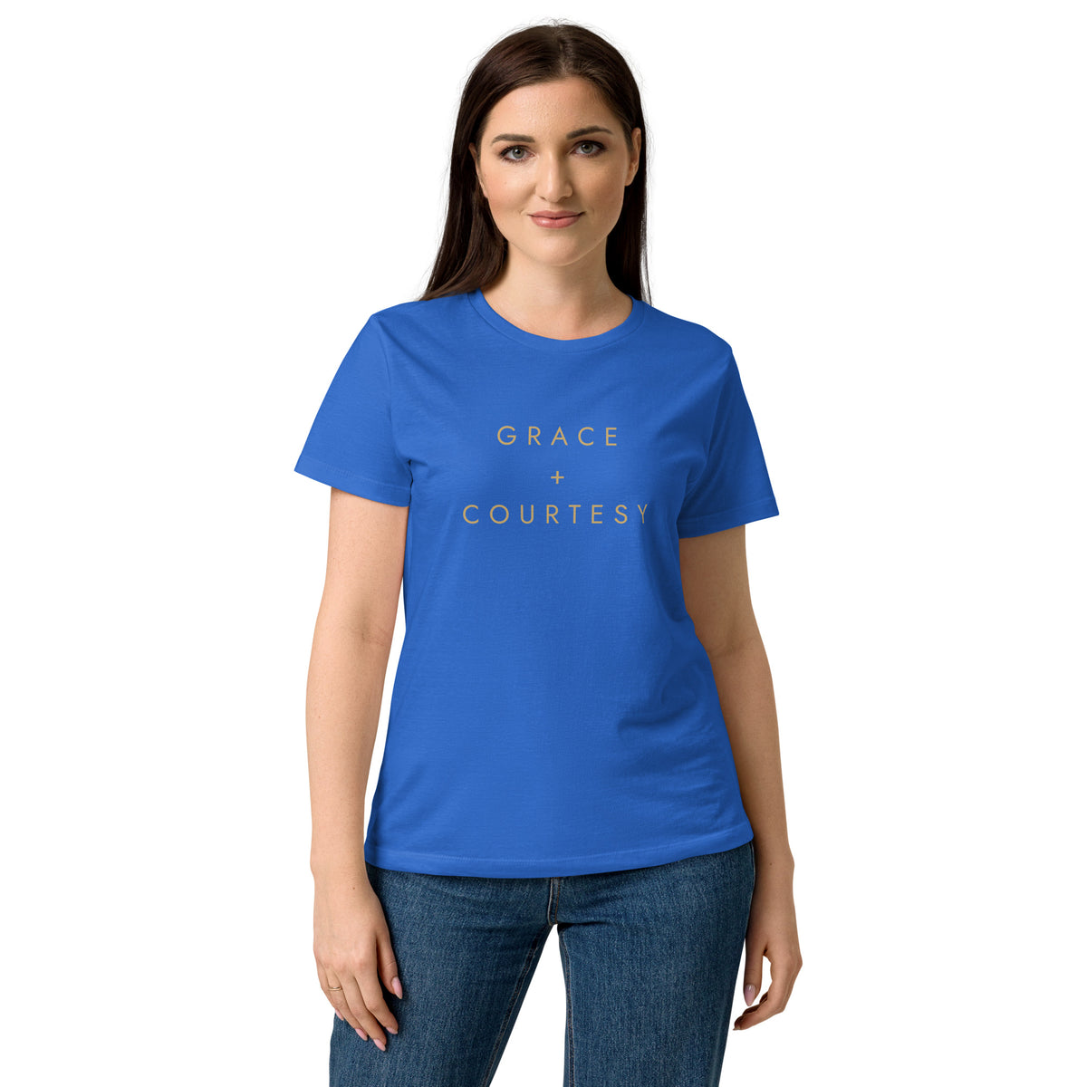 Grace + Courtesy Minimalist Women's Softstyle Tee in Royal, front view