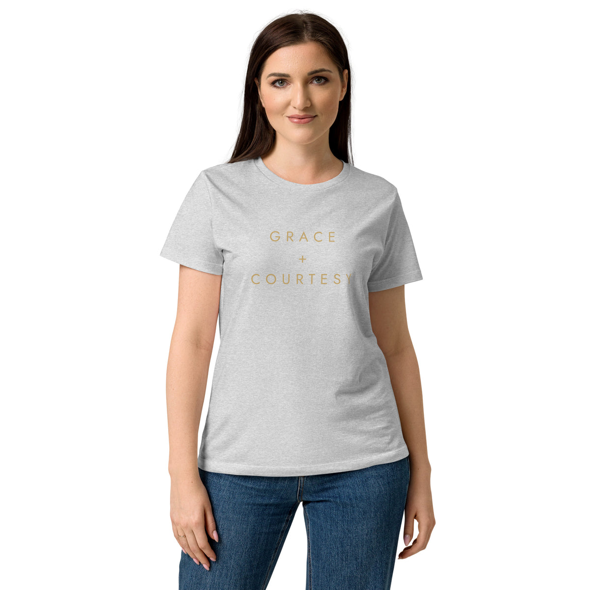 Grace + Courtesy Minimalist Women's Softstyle Tee in RS Sport Grey, front view