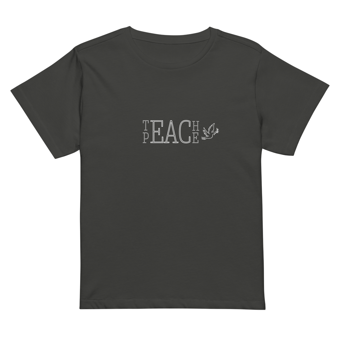 Teach Peace Women's High-Waisted Tee in Black, front view