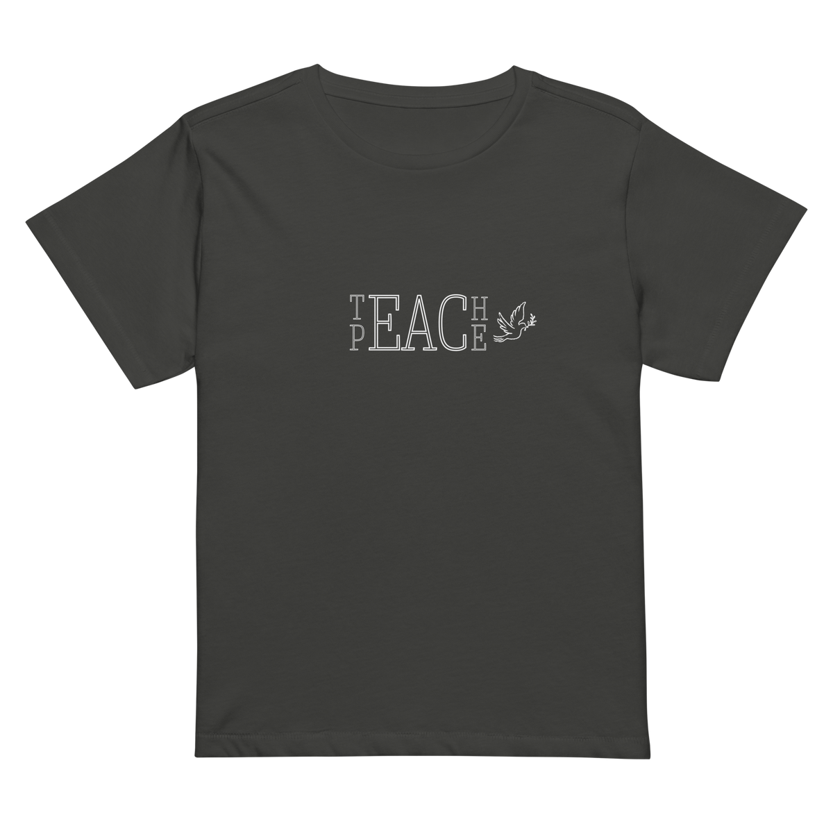 Teach Peace Women's High-Waisted Tee in Black, front view