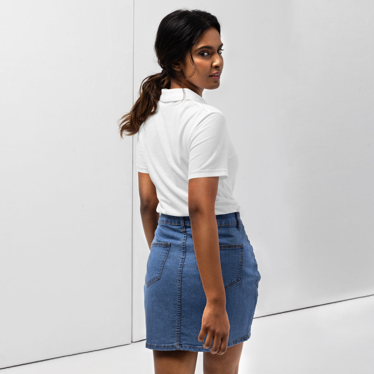 ME Signature Embroidered Women's Piqué Polo in White, back view