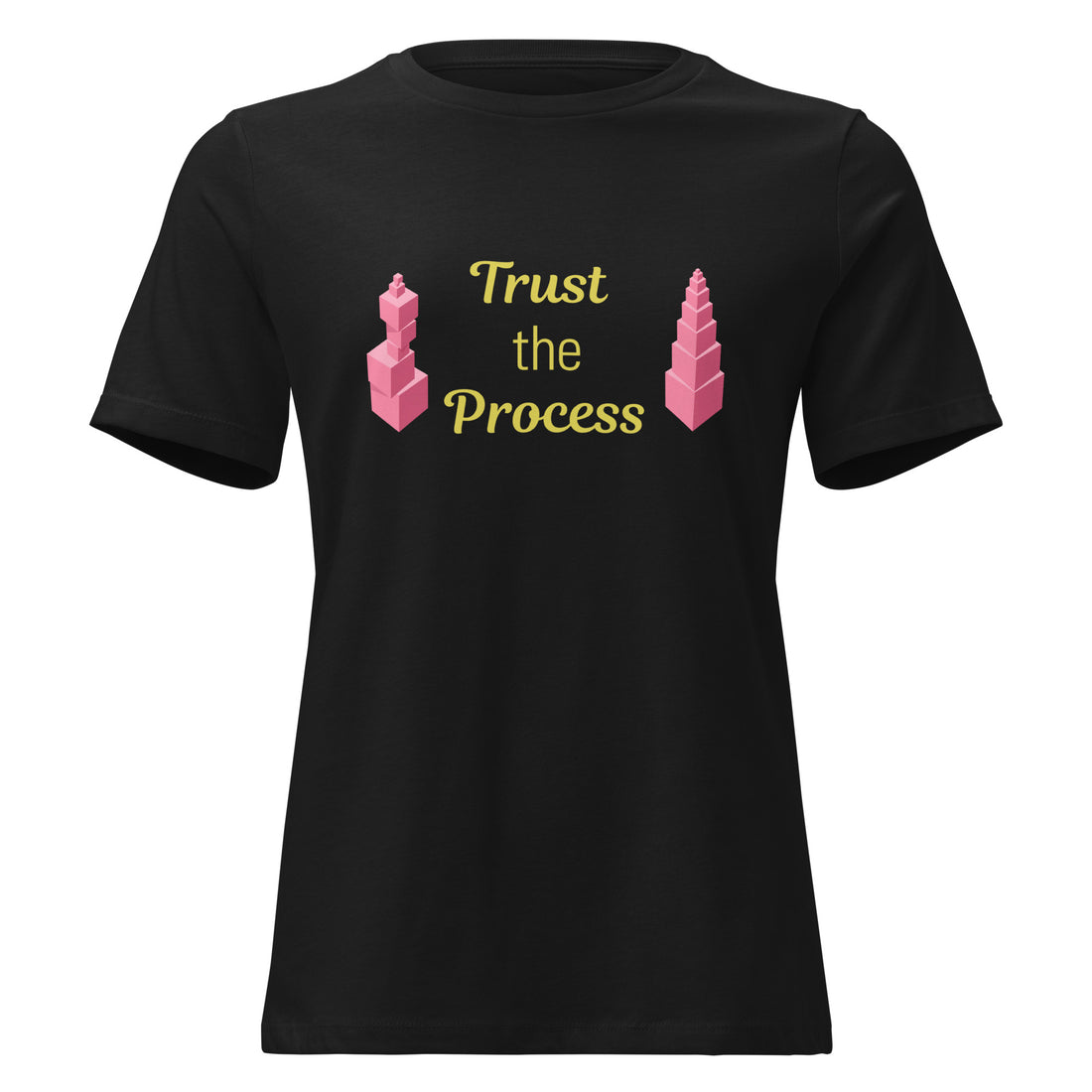 Trust the Process Pink Tower Women's Relaxed Tee in Navy, front view