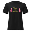 Trust the Process Pink Tower Women's Relaxed Tee in Black, front view