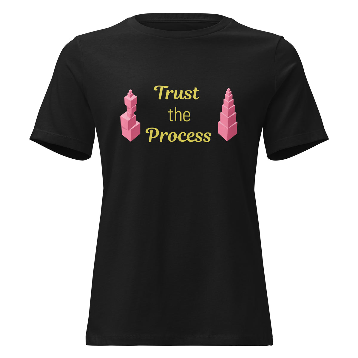 Trust the Process Pink Tower Women's Relaxed Tee in Black, front view