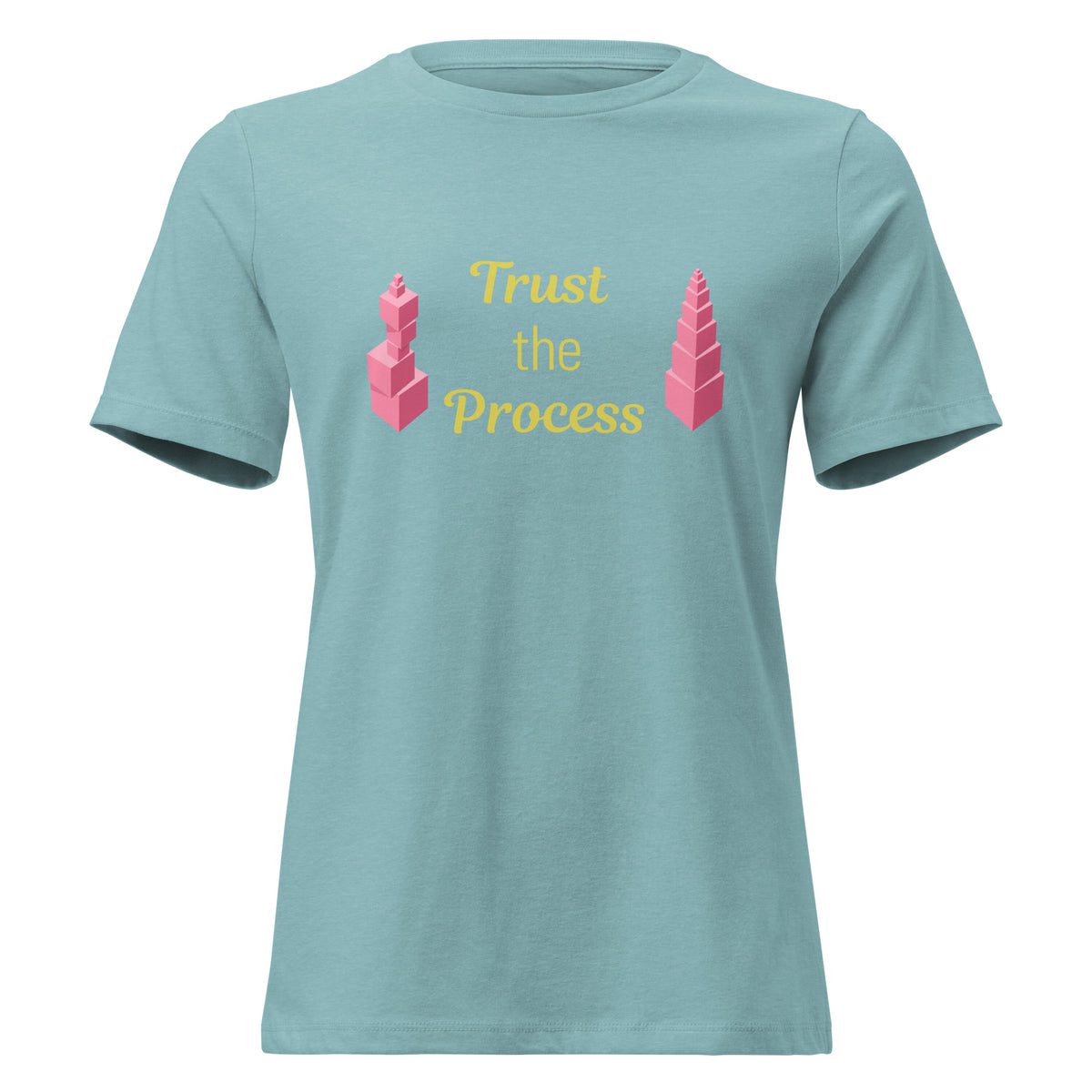 Trust the Process Pink Tower Women's Relaxed Tee in Heather Blue Lagoon, front view
