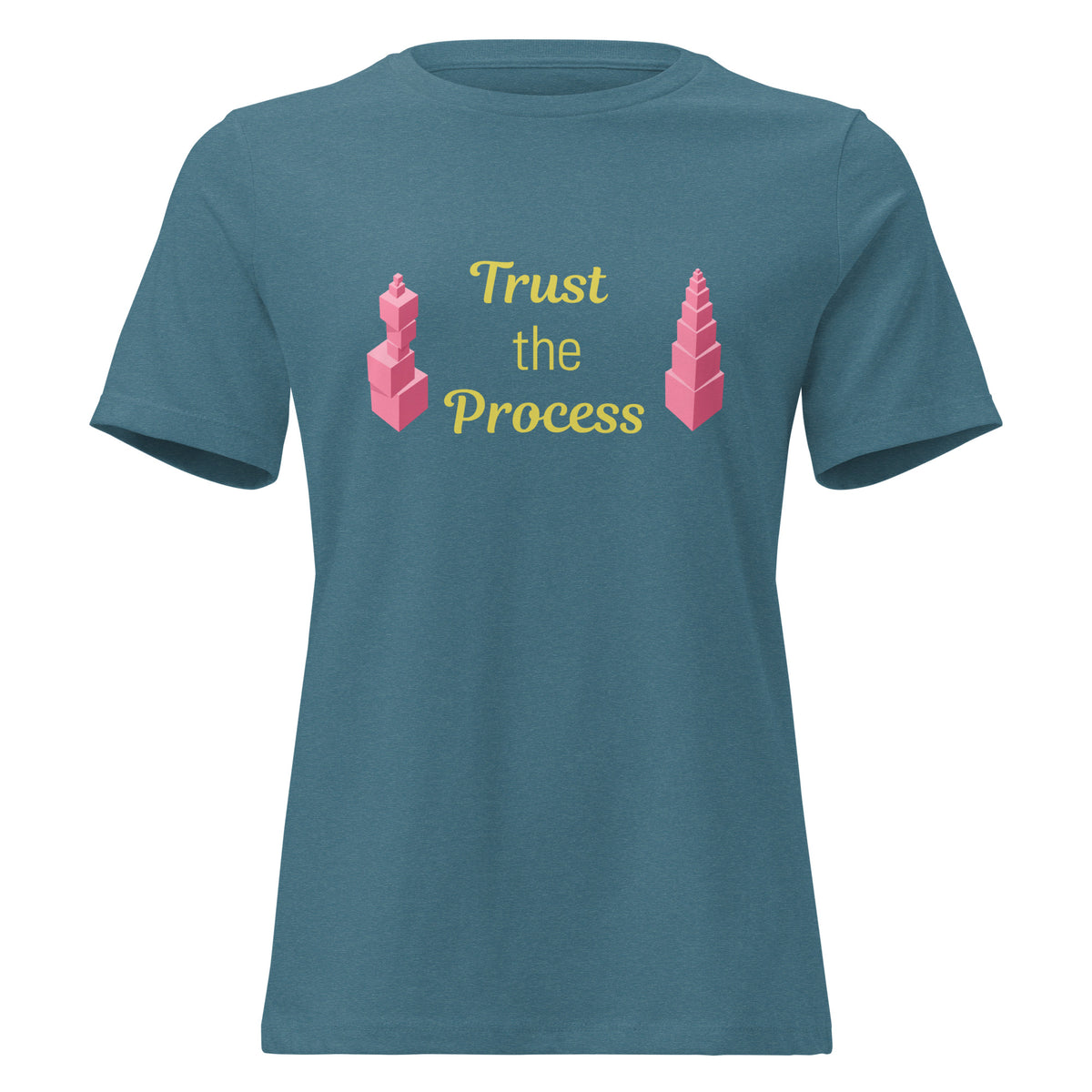 Trust the Process Pink Tower Women's Relaxed Tee in Heather Deep Teal, front view