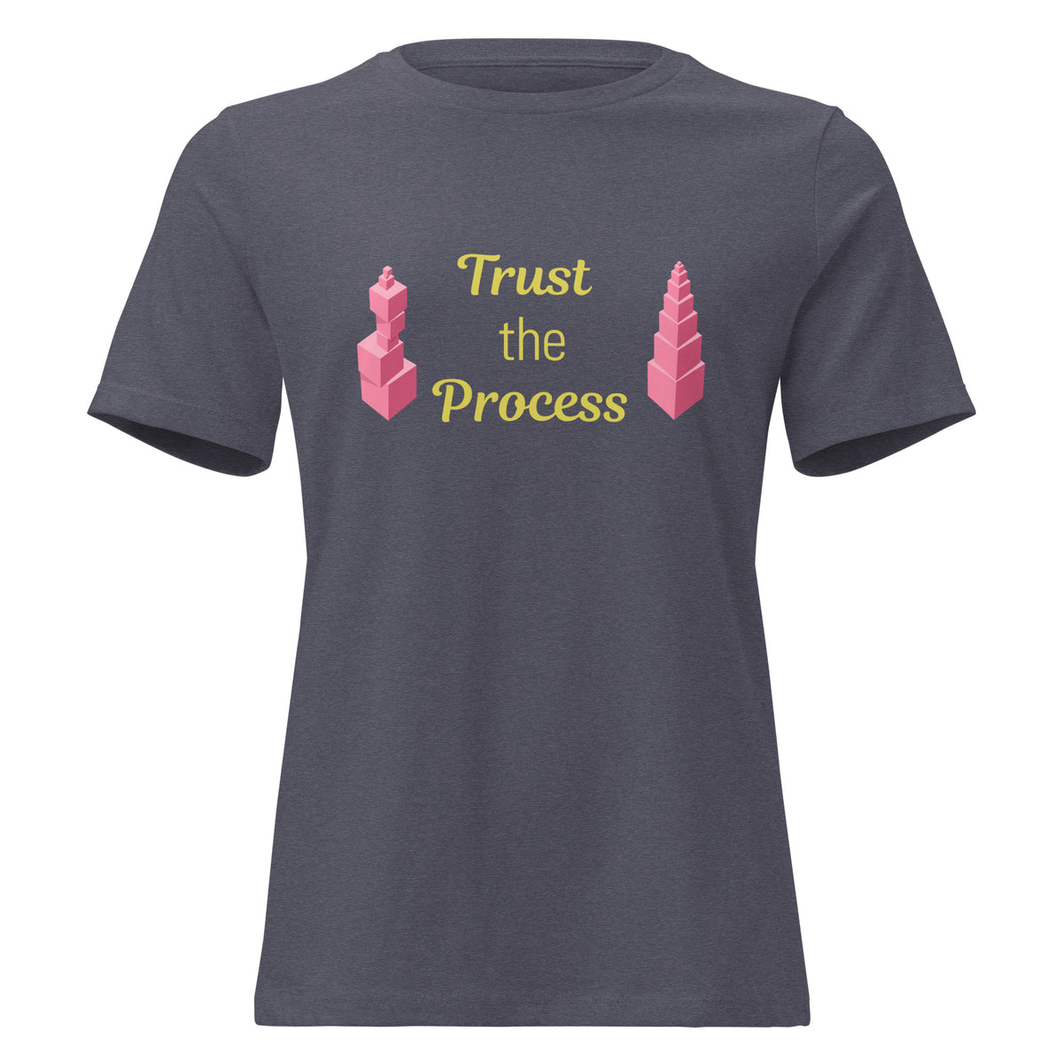 Trust the Process Pink Tower Women's Relaxed Tee in Heather Navy, front view