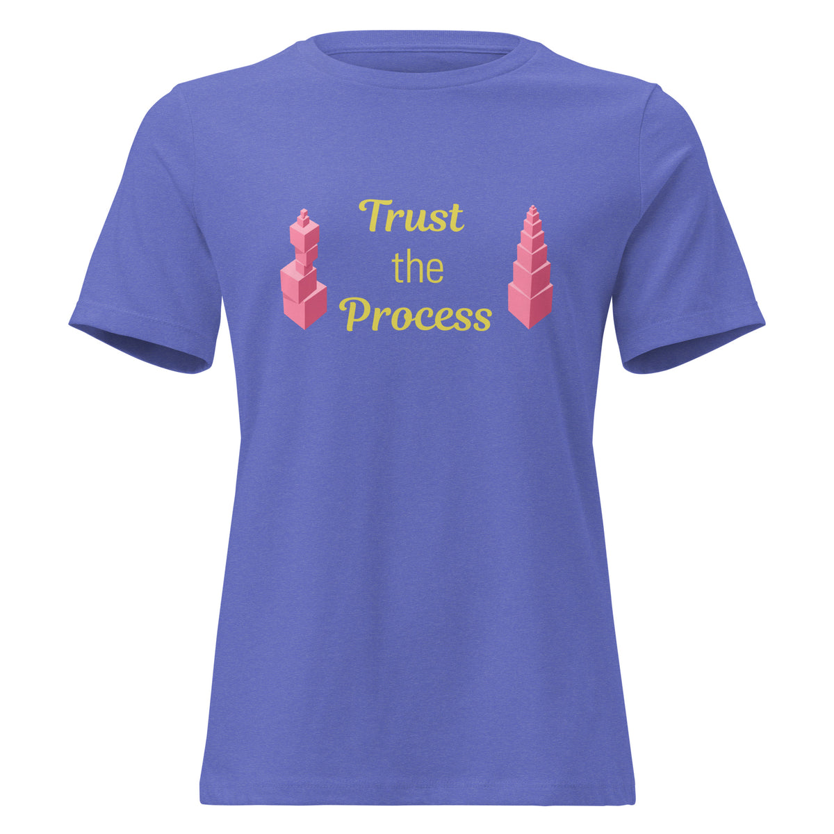 Trust the Process Pink Tower Women's Relaxed Tee in Heather True Royal, front view