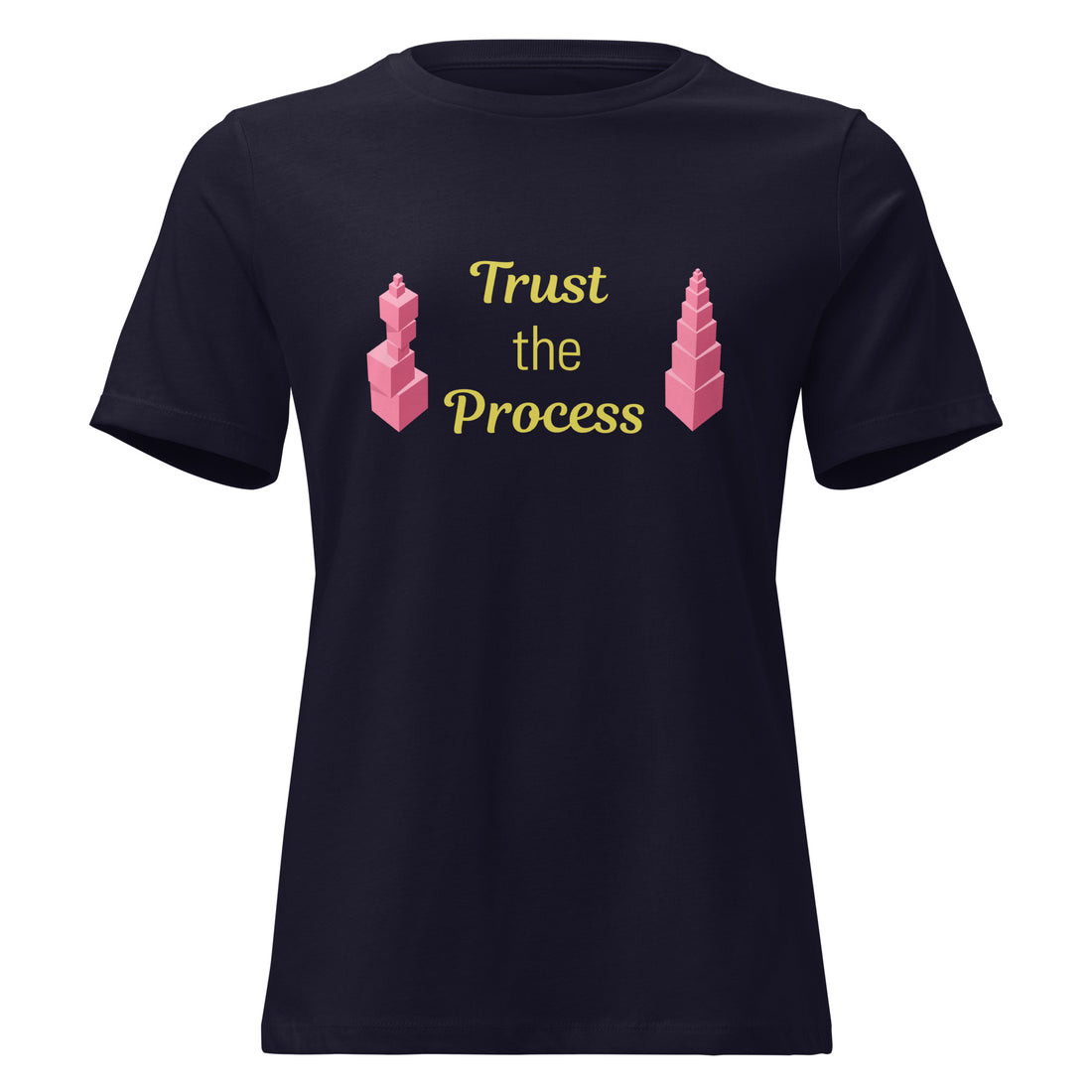 Trust the Process Pink Tower Women's Relaxed Tee in Navy, front view