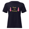 Trust the Process Pink Tower Women's Relaxed Tee in Navy, front view