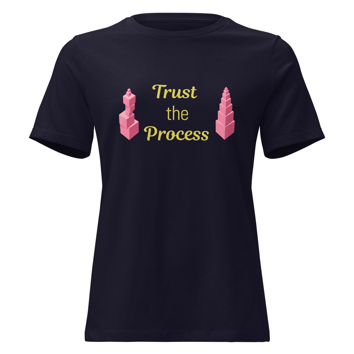 Trust the Process Pink Tower Women's Relaxed Tee in Navy, front view