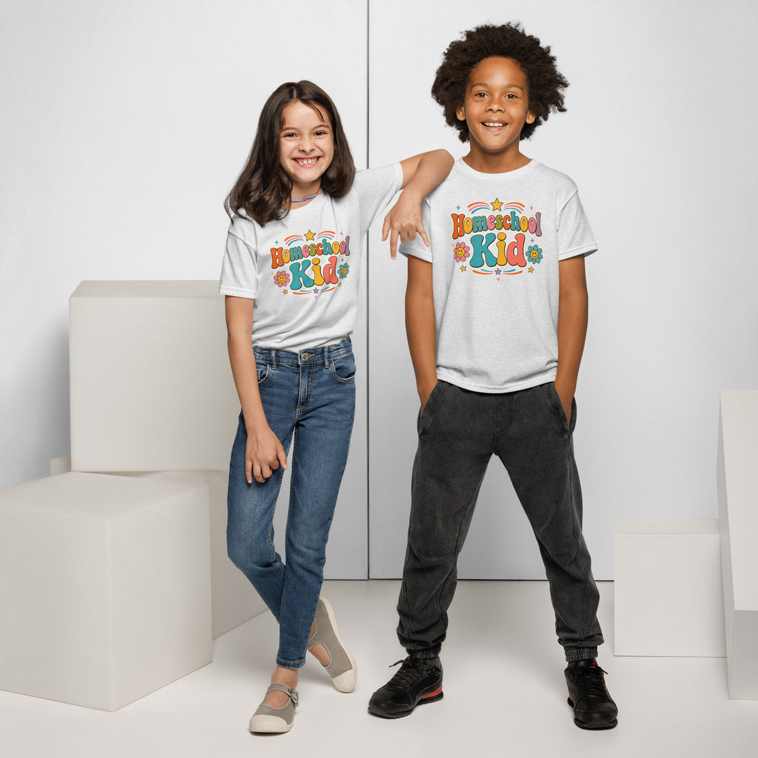 Homeschool Kid Retro Youth Tee in Ash, front view