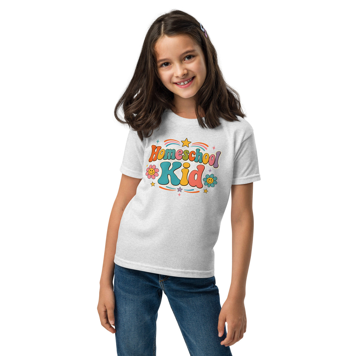 Homeschool Kid Retro Youth Tee in Ash, front view