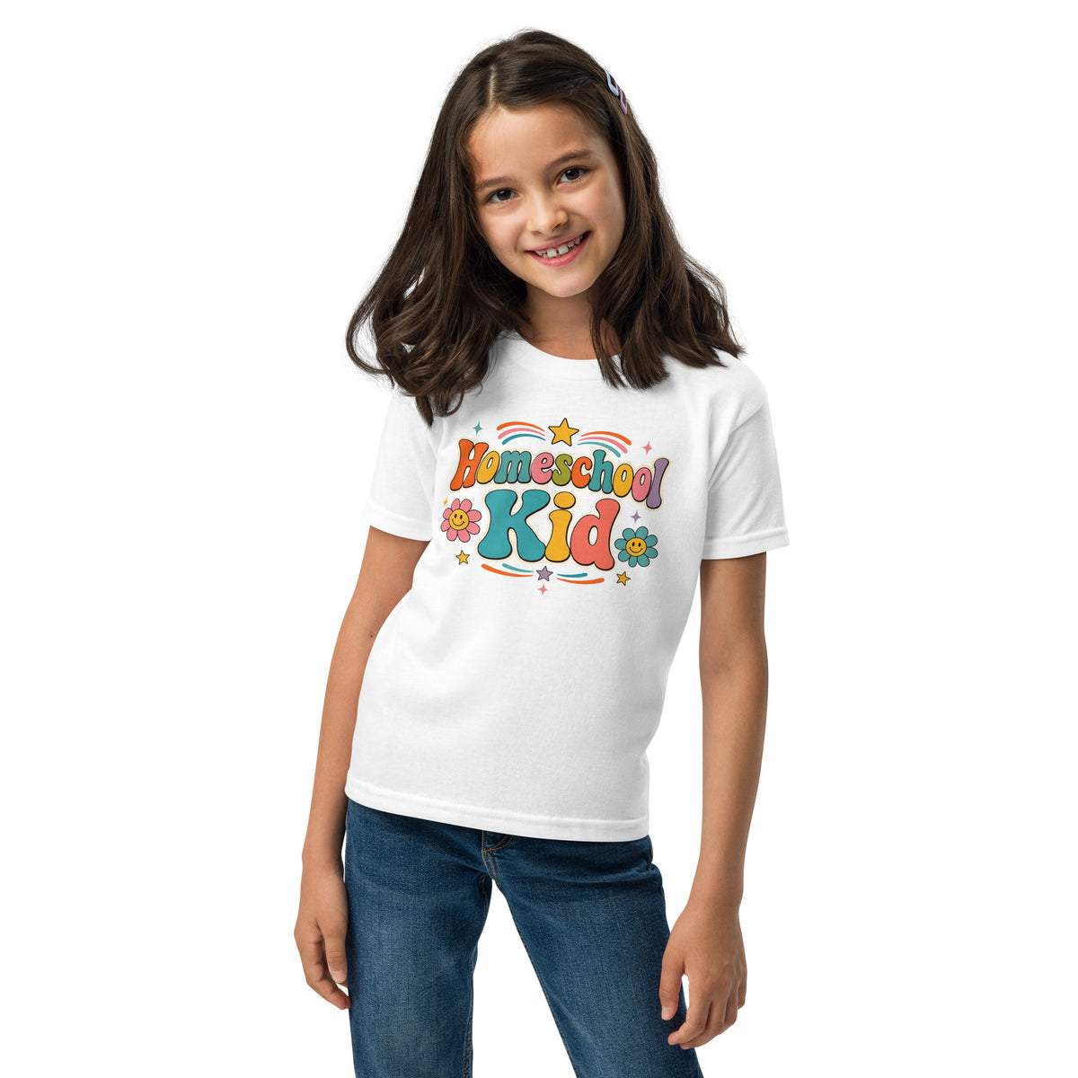 Homeschool Kid Retro Youth Tee in White, front view